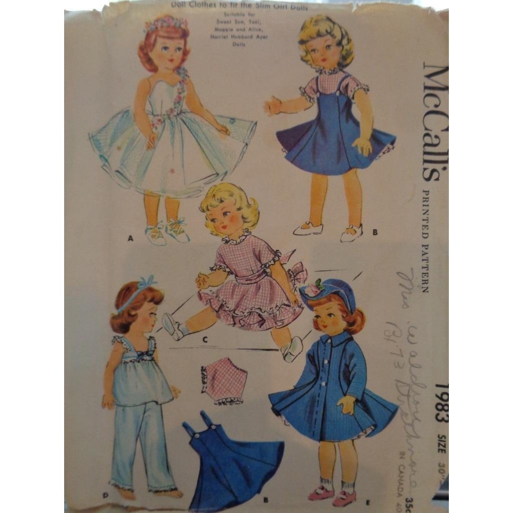 McCall's Sewing Pattern 1983 Slim Girl Doll Clothes